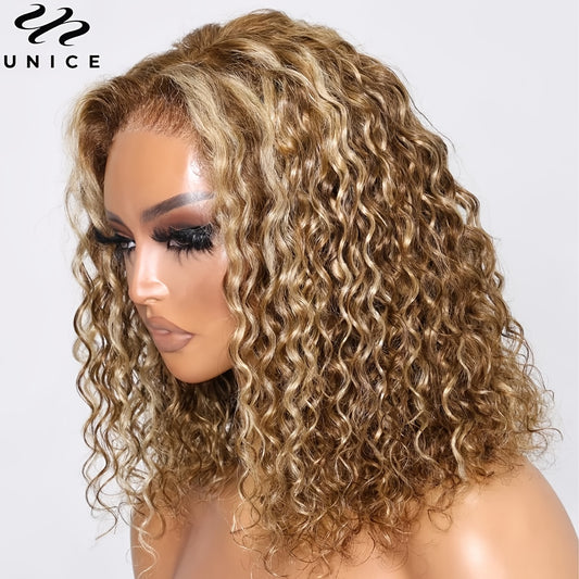 UNICE 14 Inch Honey Blonde Highlight Human Hair Bob Wigs - Invisible Knots 7x5 HD Pre Cut Lace Front, Glueless, Pre Plucked, Put On And Go - Black Friday Christmas Gifts