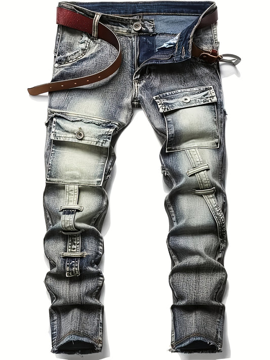 HME Men's Jeans - Mid-Waist Elastic Slim Straight Leg, Heavy-Duty Workwear Pants with Zipper Closure, Stretch Denim Trousers for Streetwear, Casual & Formal Outfits - All-Season Men's Pants, Versatile Clothing, Rugged Look, D