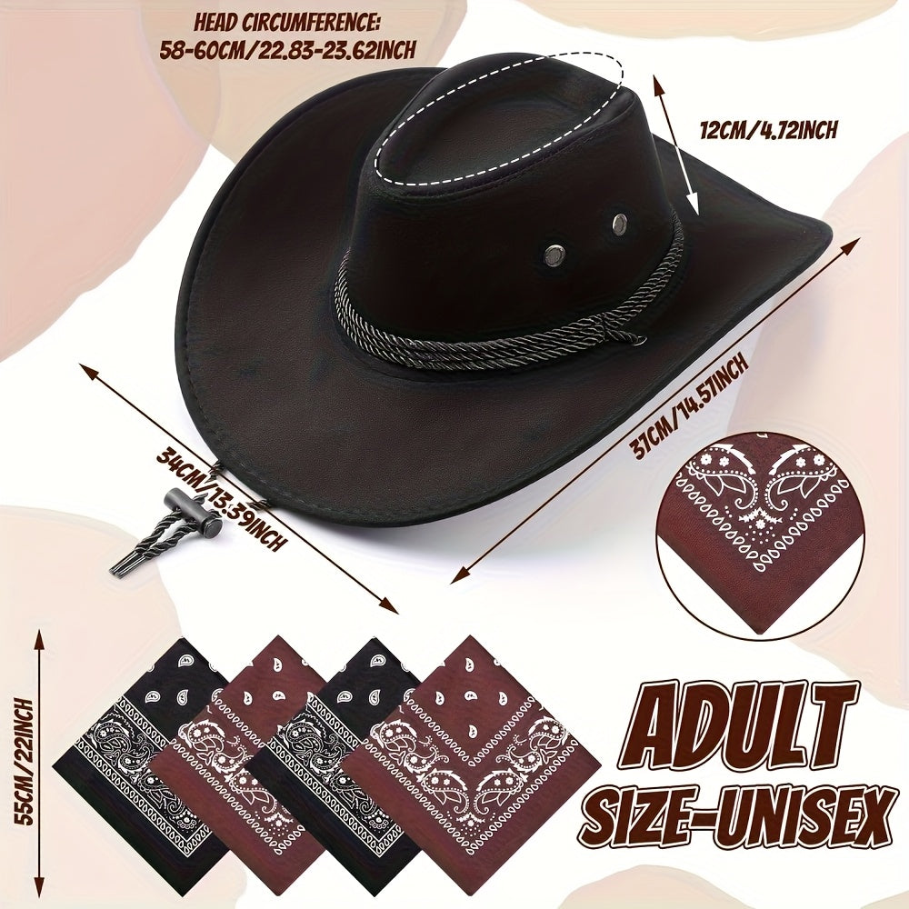 3pcs Set Of Western Cowboy Hat And Scarf, Unisex for Adults, Suitable for Costume Parties, Drawstring Closure, Ideal for Beach Leisure, Cycling, Makeup Parties, Cowboy Hat Accessories.