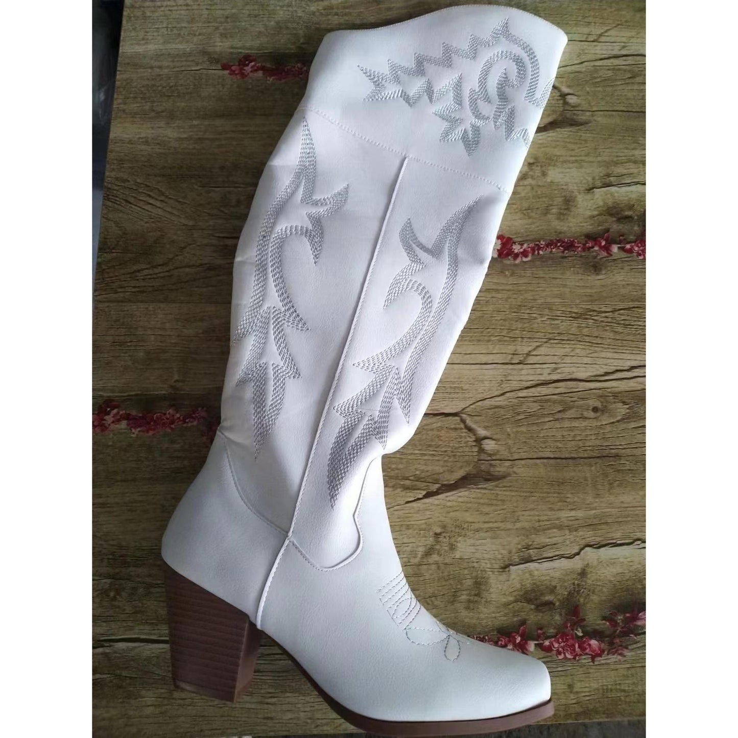 Women'S Western Cowboy Boots - Over-the-Knee Heel, Slip-On Closure, Pointed Toe, Solid Color, Mid-Calf Length, European/American Style, Durable TPR Sole, Perfect for Casual or Formal Wear, Cowboy Boots