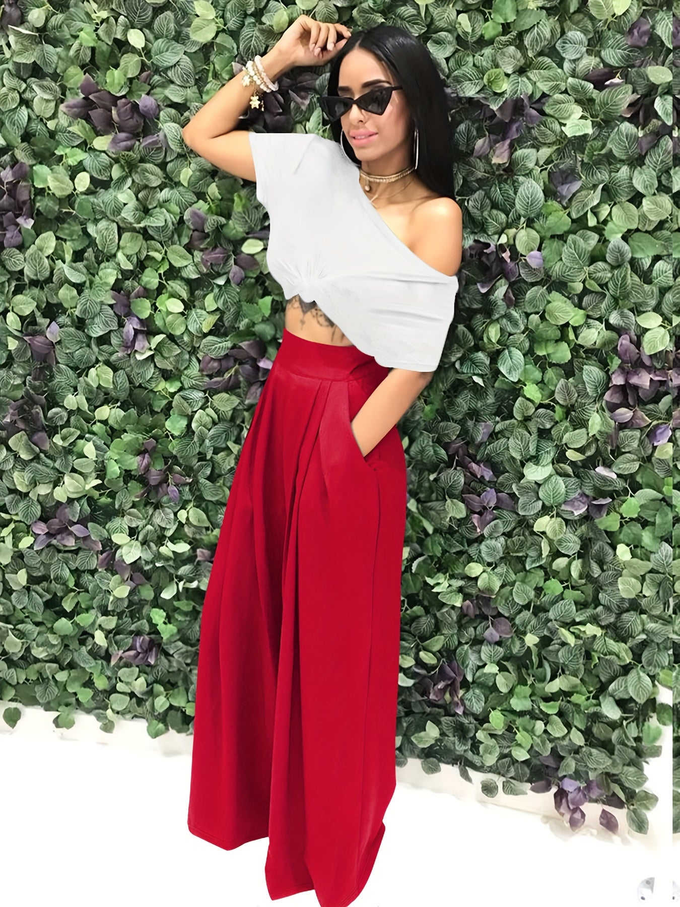 Loose Straight Flare Pants, Casual Pocket High Waist Solid Wide Leg Fashion Comfy Pants, Women's Clothing