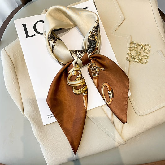 [Sun-Protective Scarf] Women's Elegant Luxury Scarf - 27.5" Large Square Handkerchief with Golden-Tone Metallic Accent, Soft Pastel, & BrownGolden - Breathable, Sun-Protective Fashion Accessory for Casual Outings & Formal Eve