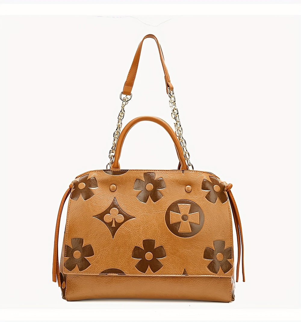 [Elegant Floral Tote Bag] IVKMIVK Women's Floral Embossed Tote Bag - Elegant Synthetic Faux Leather with Golden-Tone Hardware, Large Capacity, Perfect for Daily Commute, Office, and Travel | Floral Embossed Design | Office To