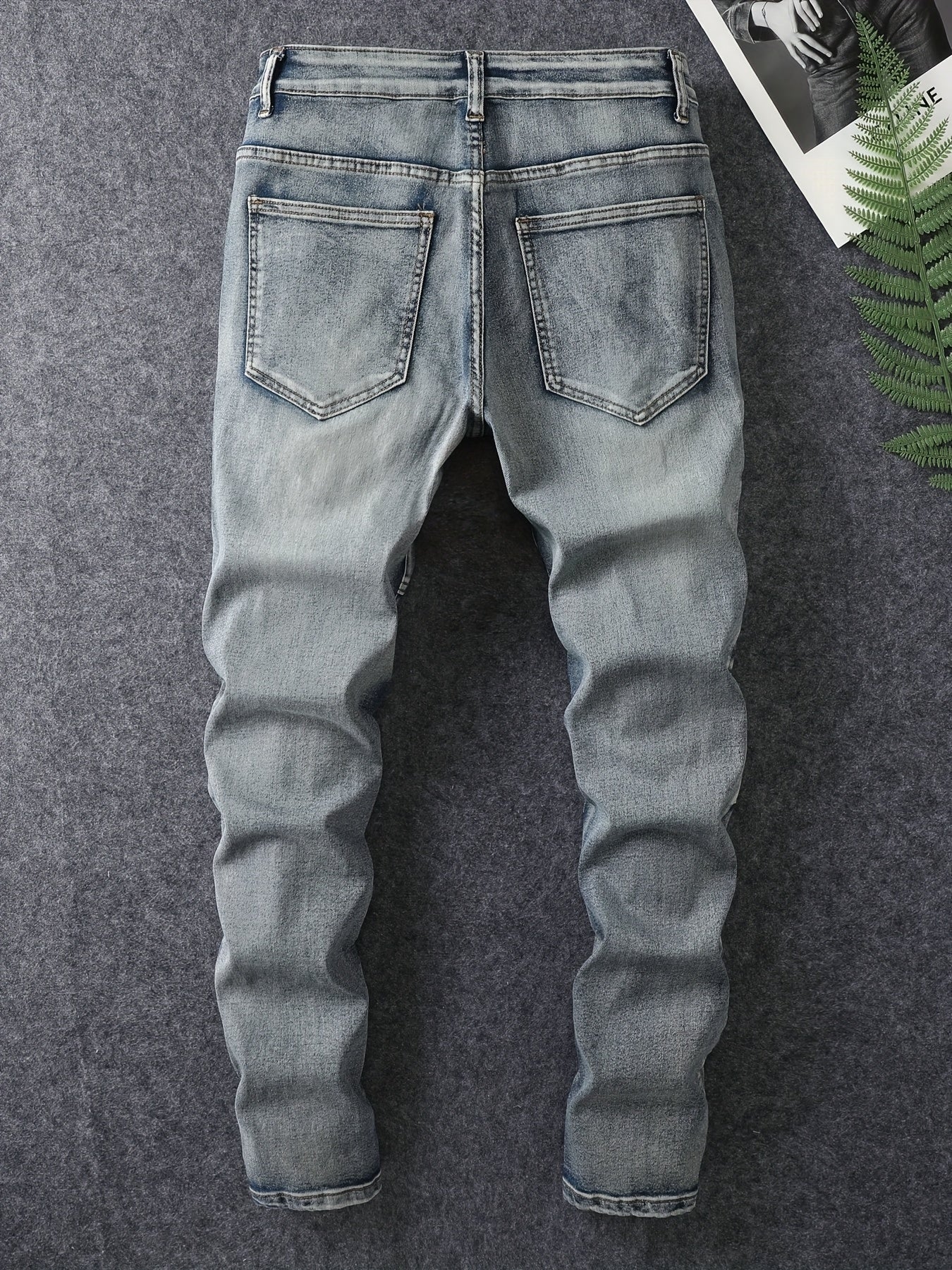 Men's Slim Fit Stretch Jeans - Washed, Bleached, Distressed, Panelled Design, Stylish Workwear, Practical And Wearable, Machine Washable All-season Jeans