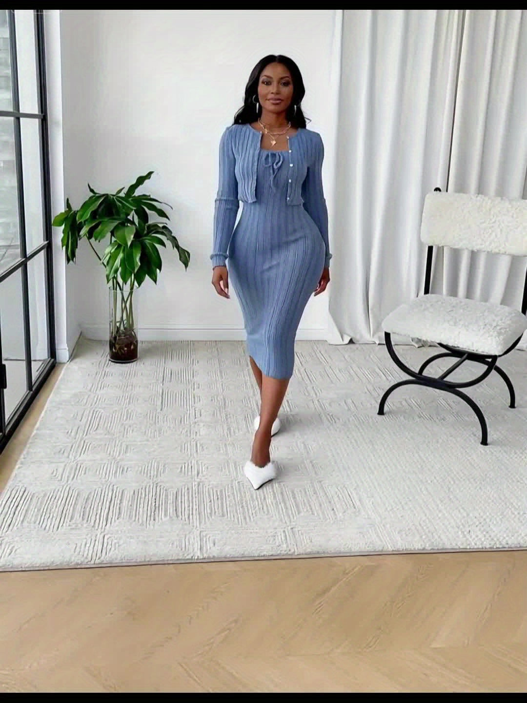 Women's Casual Simple Fashion Textured Solid Color Bow Tie Bodice Dress with Short Jacket Two Piece Set