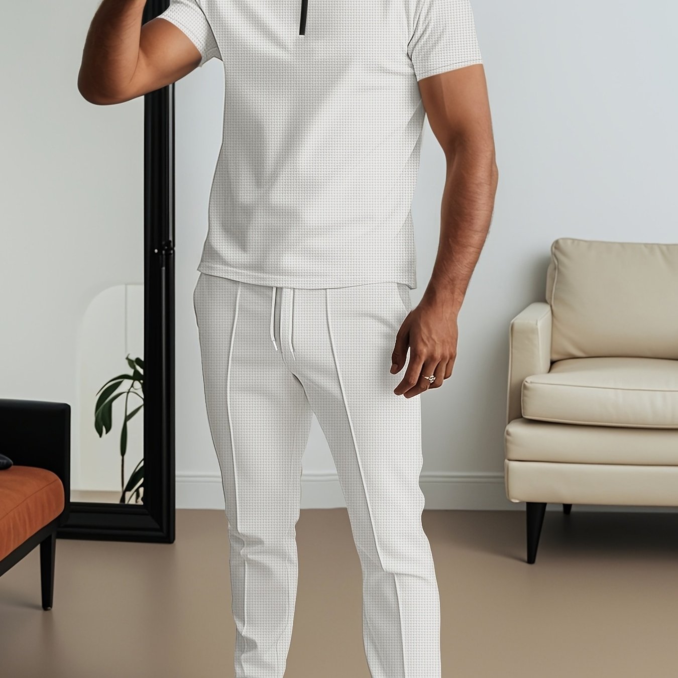 Men's Waffle Texture Lapel Shirt And Pants Set - Polyester Short Sleeved Shirt, Zipper Access, Elastic Drawstring Waist Straight Leg Pants 5 Colors Suitable For Spring, Summer, Autumn, Beach, Outdoor Activities, Daily Wear, S