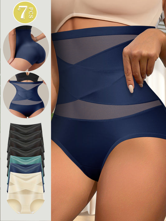 7pcs Women's High Waist Tummy Control Underwear - Seamless Breathable Butt Lifting Shapewear Briefs with Cross-Back Design, Medium Support Panties (Navy/Black/Beige/Teal), Tummy Control Panties, Body Shaping Undergarments, El