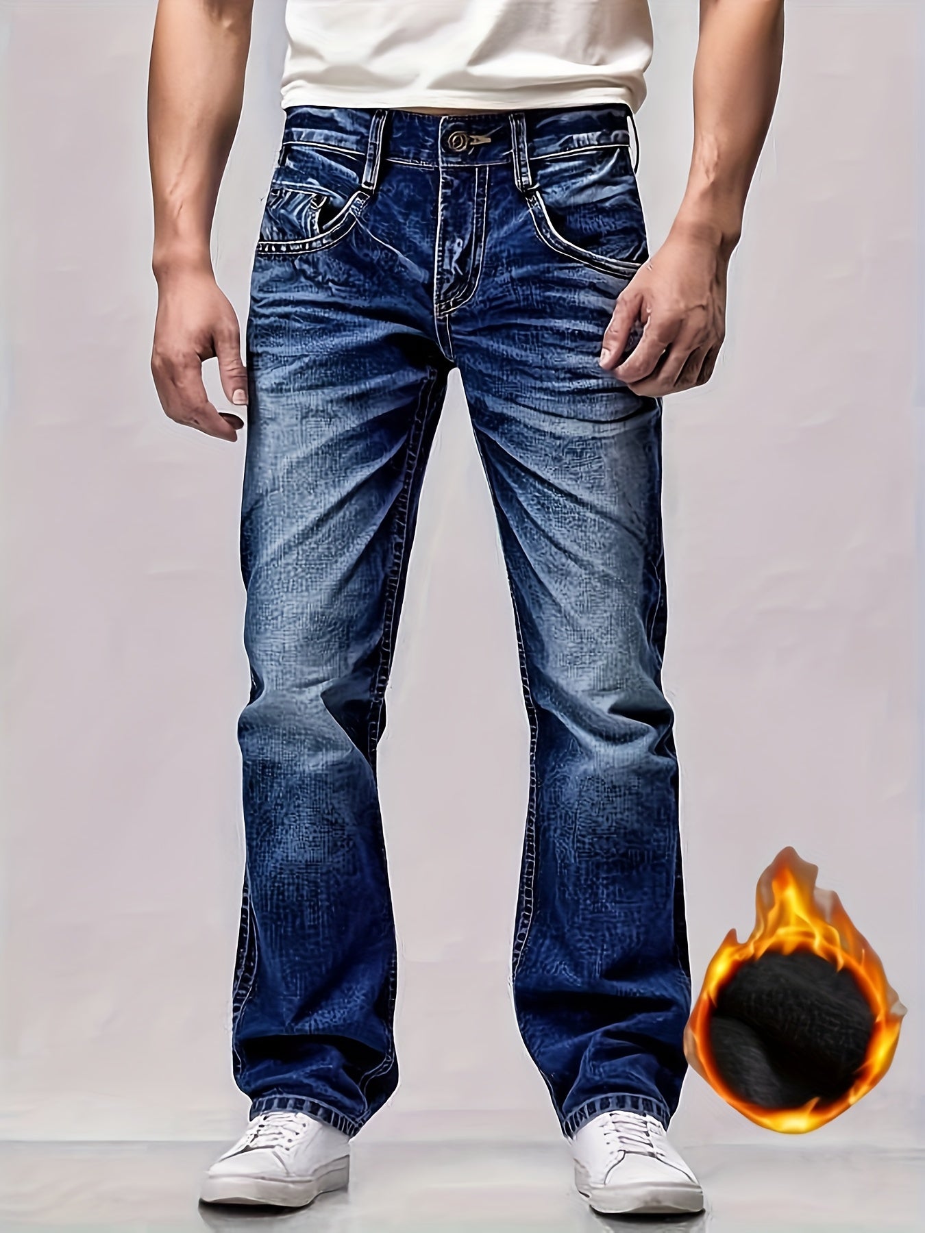 HME Men's Heavy-Duty Winter Jeans - Thickened Insulated Fleece-Lined Mid-Stretch Straight-Leg Light Wash Blue Distressed Denim Pants with Beltless Design & Zipper Closure, Machine Washable Cold-Resistant Casual Work Pants for