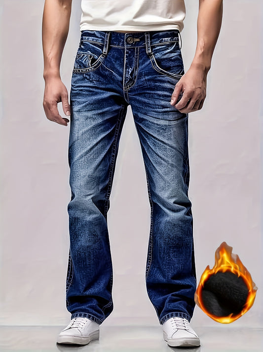 HME Men's Heavy-Duty Winter Jeans - Thickened Insulated Fleece-Lined Mid-Stretch Straight-Leg Light Wash Blue Distressed Denim Pants with Beltless Design & Zipper Closure, Machine Washable Cold-Resistant Casual Work Pants for