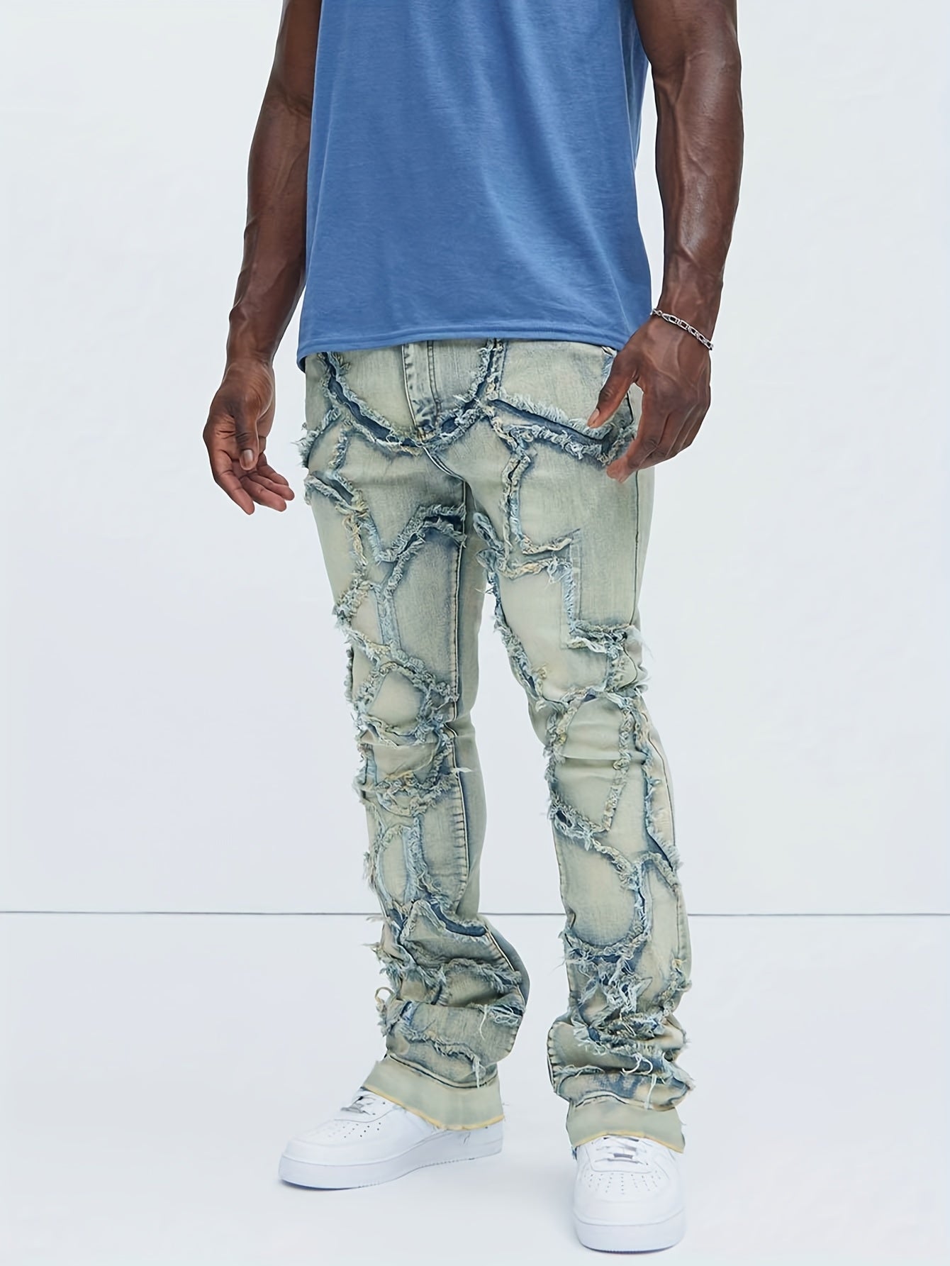Men's Slim-Fit Washed Distressed Jeans with Mid-Rise & Multi-Pocket Design - Mid-Stretch Micro-Flare Denim Pants for All-Season Comfort, Machine Washable Casual Trousers, Relaxed Fit Bottoms, Modern Streetwear, Durable Constr