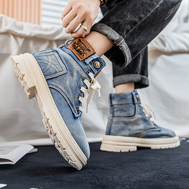 New Men'S Cowboy Ankle Boots with Thick Soles, Suitable for All Seasons, Featuring a Vintage Design, Breathable Material, And a Stylish Versatile Look.