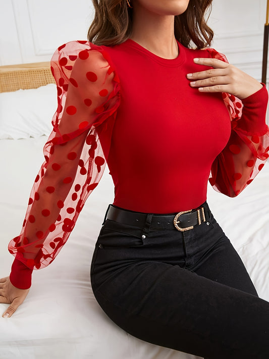 Women's Elegant Polka Dot Contrast Mesh Puff Sleeve T-Shirt - Crew Neck Long Sleeve Top with Moderate Stretch, Machine Washable Spring & Fall Blouse for Casual & Formal Wear, Formal Attire, Middle Eastern Style, Flowy Texture