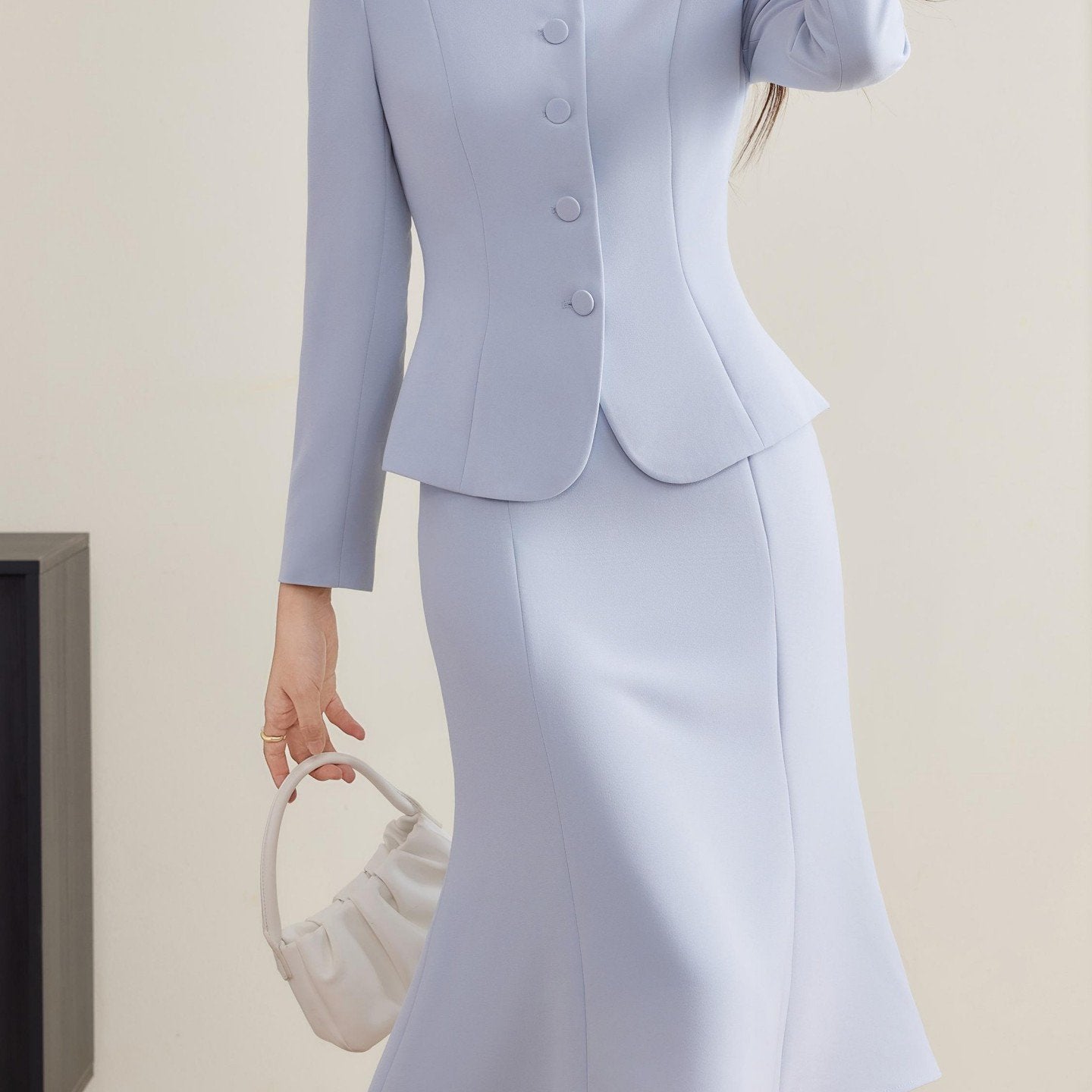 Light Purple Waist - cinching Blazer Set, Autumn & Winter Long - Sleeve Short Jacket + Mermaid Midi Skirt, Office Commute Two - piece Outfit