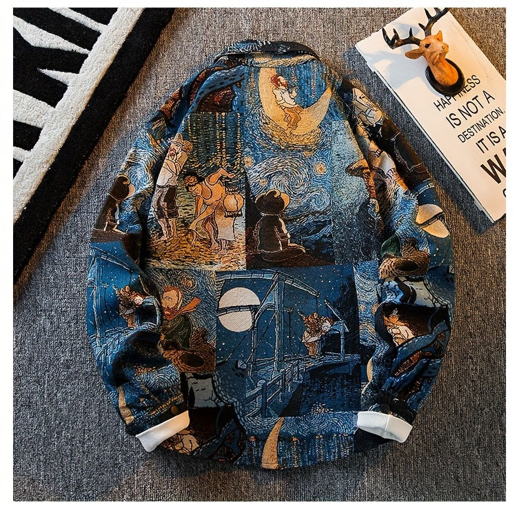 Men's slim-fit long-sleeve shirt - Van Gogh-inspired art buttons top, suitable for both formal and casual wear, machine washable polyester suit alternative - an ideal gift for art enthusiasts, street-style fashion outfit, ver