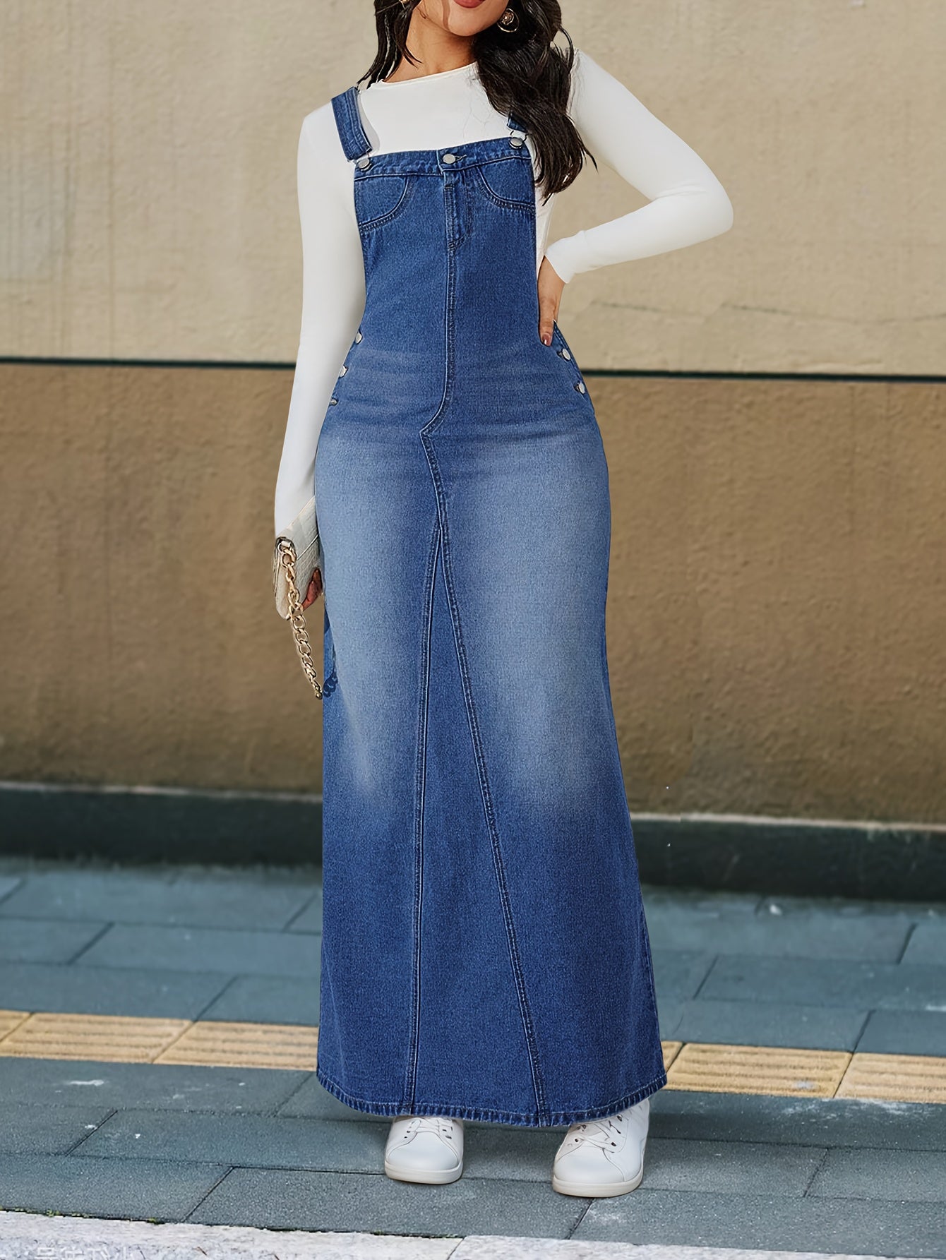 Durable Denim Dress - Women's Non-Stretch Loose Fit Long Skirt with Detachable Strap, Multiple Buttons for Easy Closure, Everyday to Formal Outfits - Casual Chic Outwear, Versatile Outfit Option