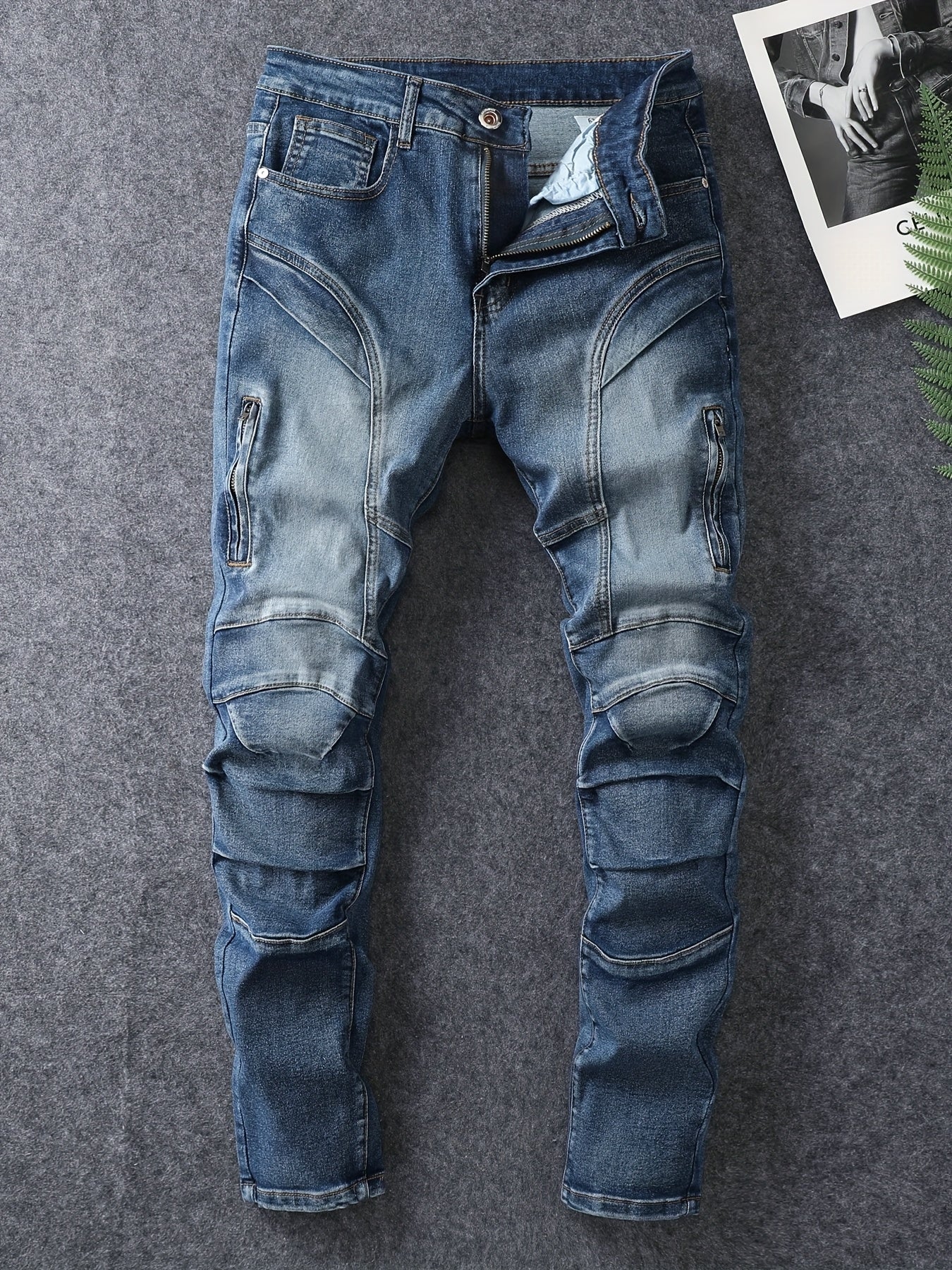 Men's Slim Fit Stretch Jeans - Washed, Bleached, Distressed, Panelled Design, Stylish Workwear, Practical And Wearable, Machine Washable All-season Jeans