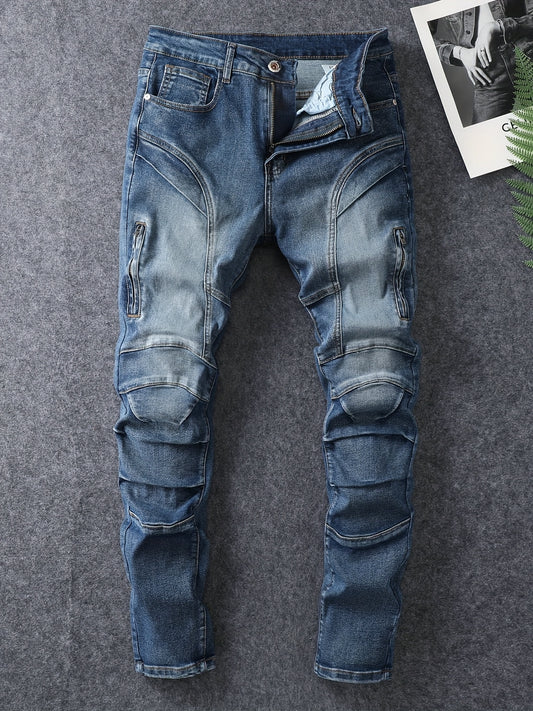 Men's Slim Fit Stretch Jeans - Washed, Bleached, Distressed, Panelled Design, Stylish Workwear, Practical And Wearable, Machine Washable All-season Jeans