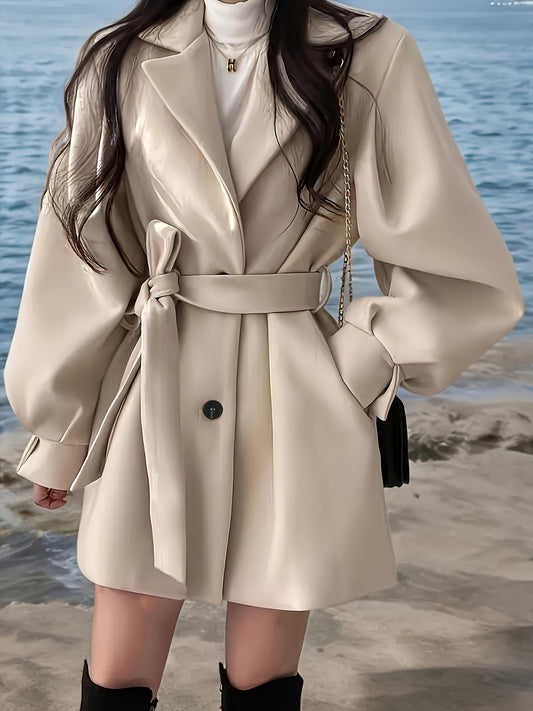 Women'S Beige Adjustable Belt Trench Coat - H-Line Silhouette Mid-Length Jacket with Front Closure, Machine Washable Winter Coat for Office, Wedding & Casual Attire, Elegant Casual Outerwear with Hooded Collar & Belted Waist