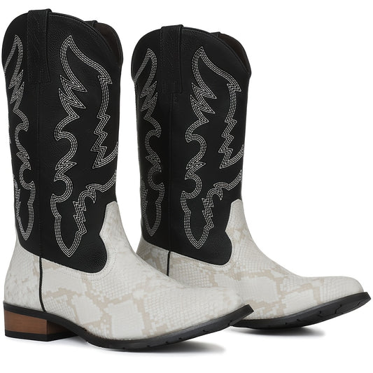 [MIKARKA Western Cowboy Boots] MIKARKA Men's Western Cowboy Boots - Pointed Toe, PU Upper & Inner, Rubber Sole, Slip-On, Short Boots with Striped Pattern