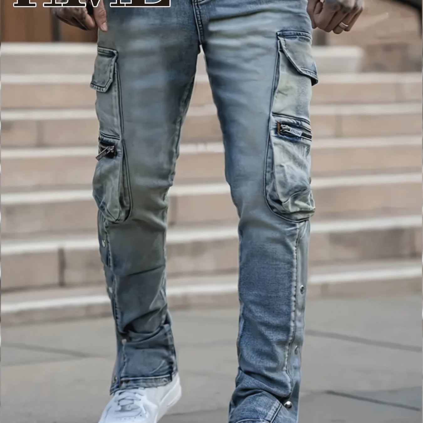 HME Men'S Skinny Faux Denim - Stretch Skinny Fit Mid-Rise Pants with Zipper Closure, Multi-Pocket Design (Including Slit Buttons), Light Washed Look for Everyday & Formal Outfits - Urban Streetwear Faux Denim for Teens & Adul