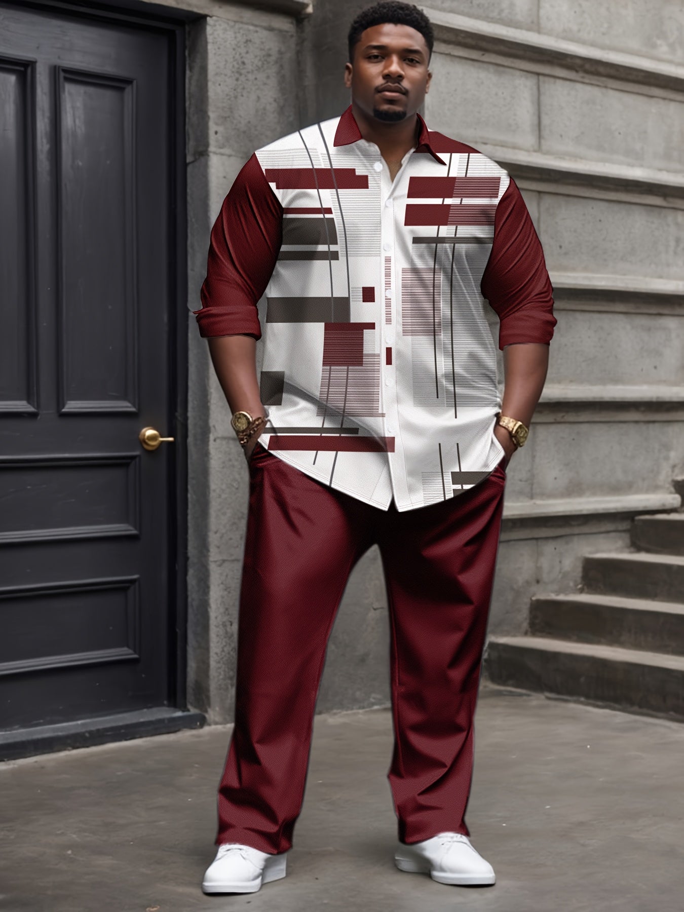 [Plus Size Suit Set] Men's Plus Size Suit - Stretch Long Sleeve Button-Up Shirt & Pants Set | Retro Geometric Check Pattern, V-Neck Lapel Design, Loose Fit for Casual & Formal Wear, Plus Size Blazers