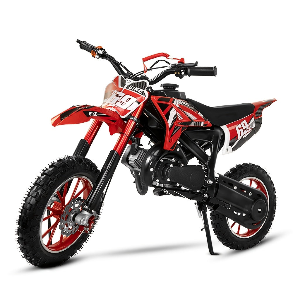 1pc Red 49cc 2-Stroke Dirt Bike for Adults, Metal Off-Road Motorcycle with Soft Seat, Shock Absorber, Front & Rear Disc Brakes, Fuel-Powered, Max Speed 20MPH, Toolkit Included