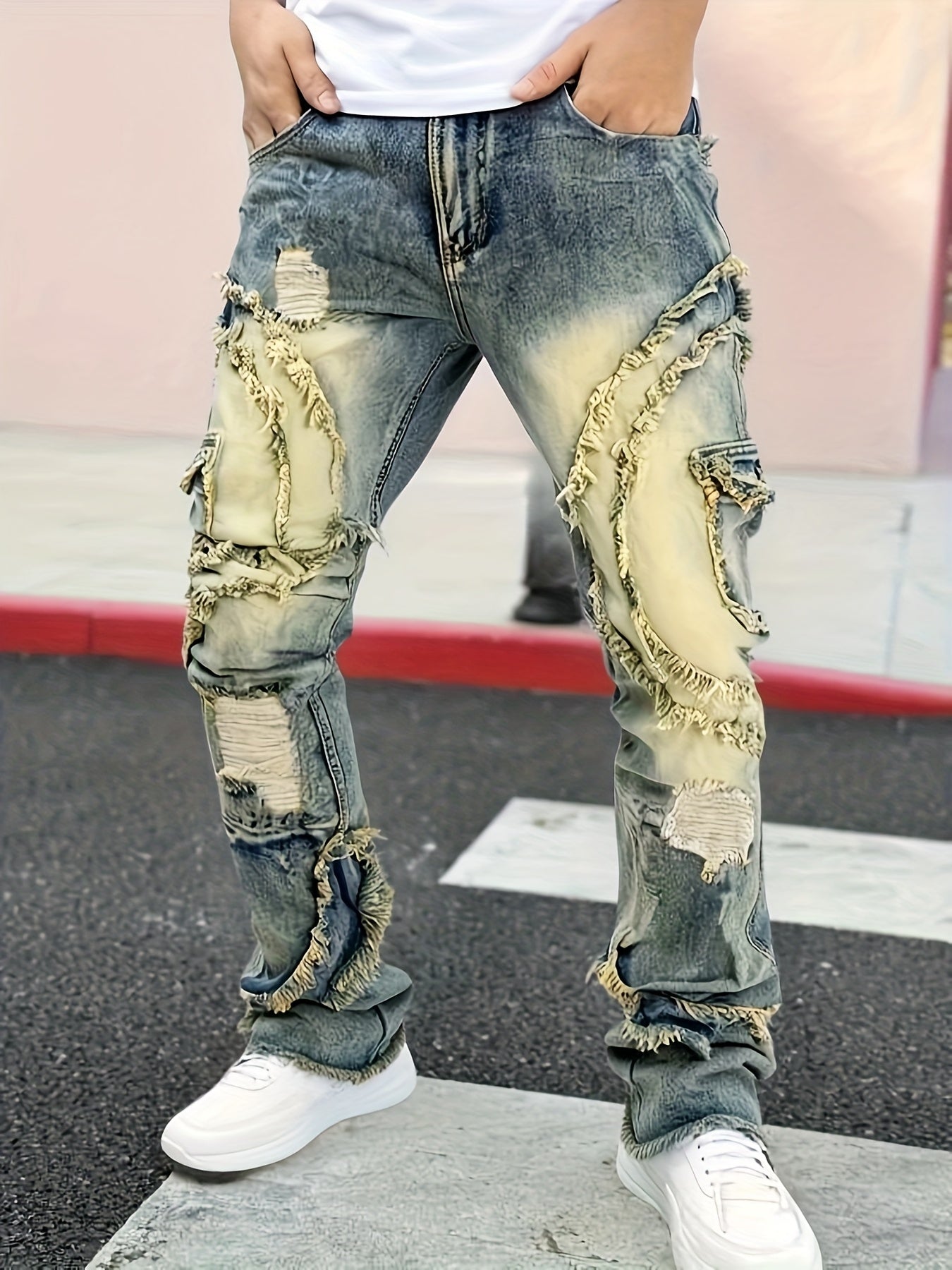 HME Men's Skinny Jeans - Heavy Washed Vintage Streetwear Pants with Patchwork Stitching, Stretch Denim (Cotton-Based), Mid-Rise Fit, All-Season Urban Fashion Jeans for Men, Casual Streetwear, Versatile Bottoms, Retro Style, D