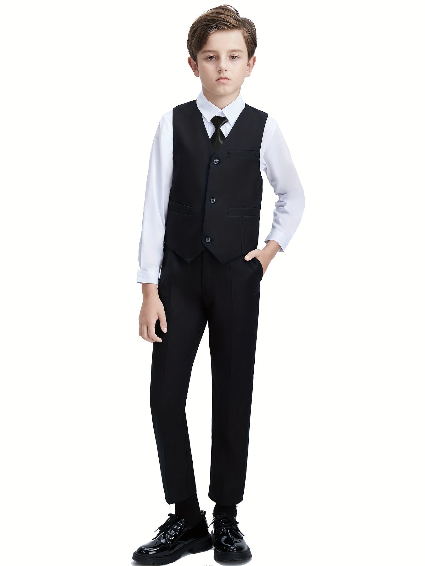 Lycody Boys Suits 4pcs Black Blazer Vest Pants With Random Tie Suit Set For Boy Slim Fit Kids Formal Wedding Dress 5-16Y