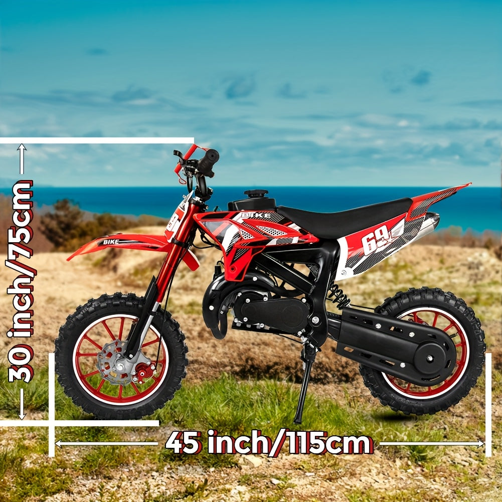 1pc Red 49cc 2-Stroke Dirt Bike for Adults, Metal Off-Road Motorcycle with Soft Seat, Shock Absorber, Front & Rear Disc Brakes, Fuel-Powered, Max Speed 20MPH, Toolkit Included