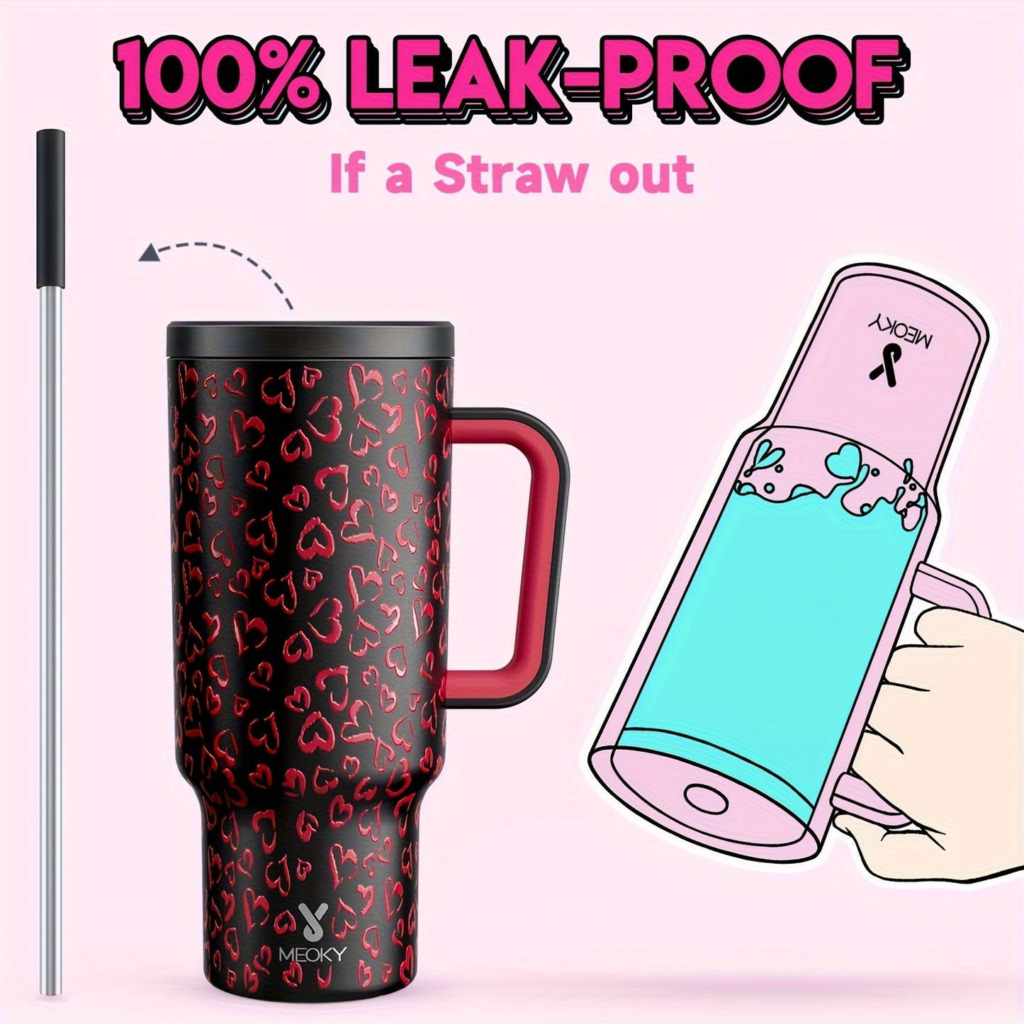 Meoky 40oz Insulated Stainless Steel Tumbler with Lid & Straw - Leakproof, BPA-Free, Perfect for Outdoor Adventures & Valentine's Day Gift