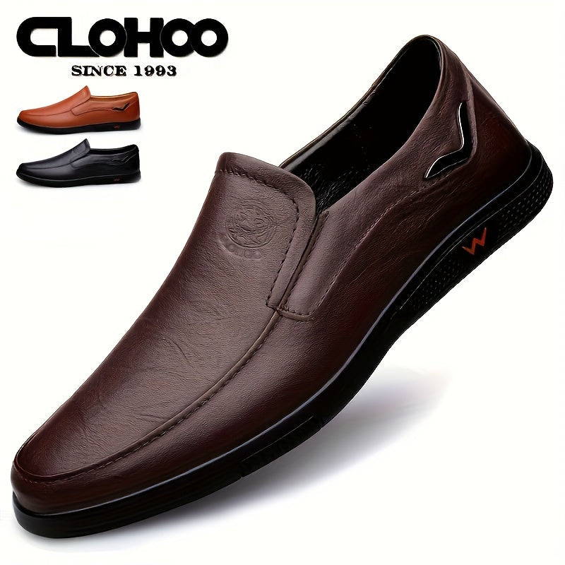 CLOHOO Men's Slip-On Casual Shoes - Genuine Leather Upper, Rubber Sole with PU Cushioned Insole, All-Season Comfort for Business , Brown/Black, Casual Footwear | Classic Slip on | Rubber Sole Footwear