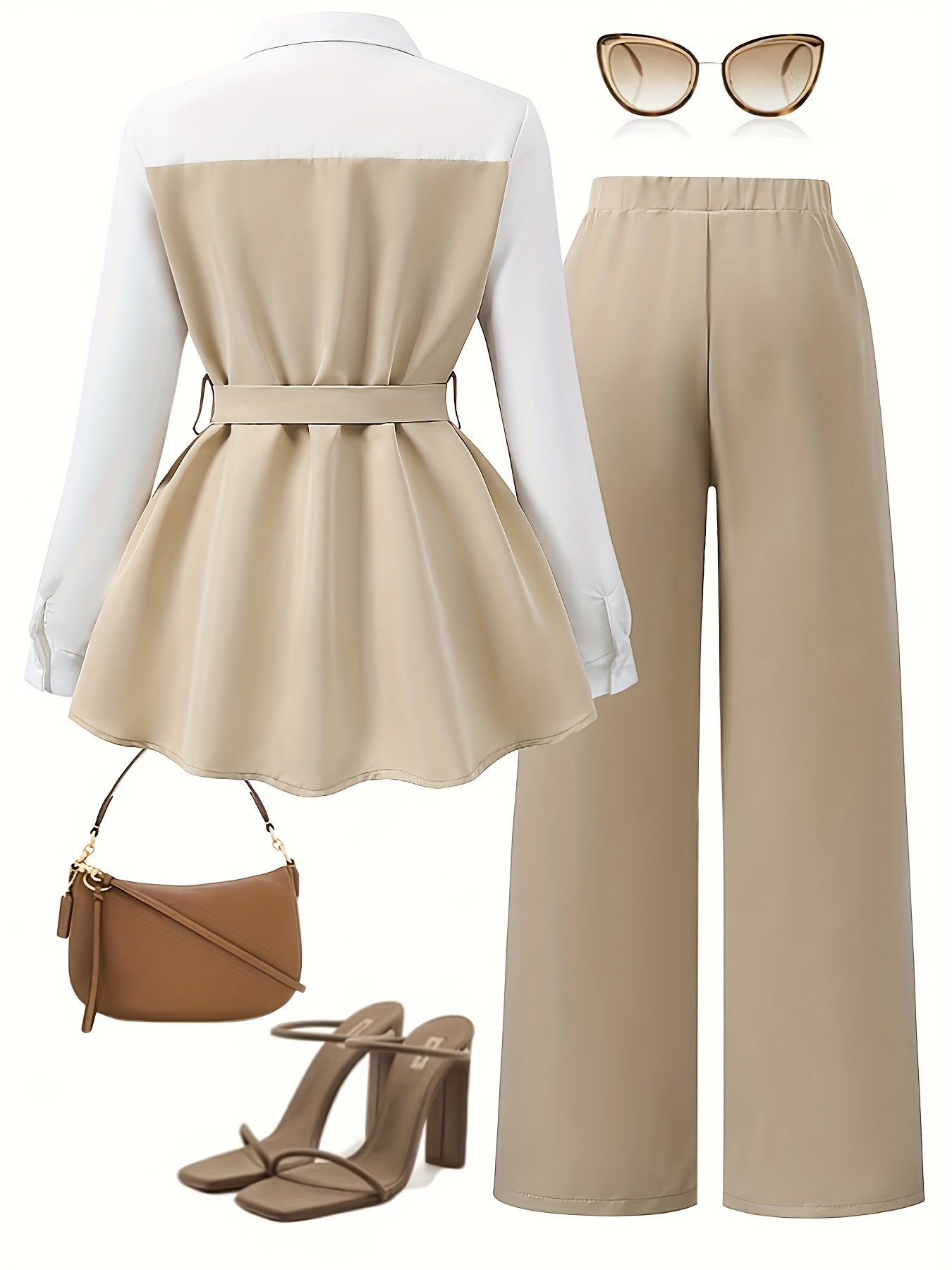 For The 2025 Elegant Vacation New Collection, Here'S A 2pcs Set Of Long-sleeved Shirt And Pants for Casual Wear And Commuting, Featuring Bowknot Details, Color-blocking, And Splicing Designs