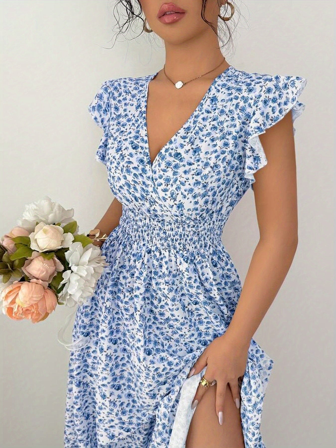 [Elegant Floral Dress] Elegant Floral Print V-Neck Dress with Ruffle Sleeves | Long Sleeveless A-Line Dress for Women - Blue, Perfect for Spring/Summer/Fall, Casual to Formal Wear