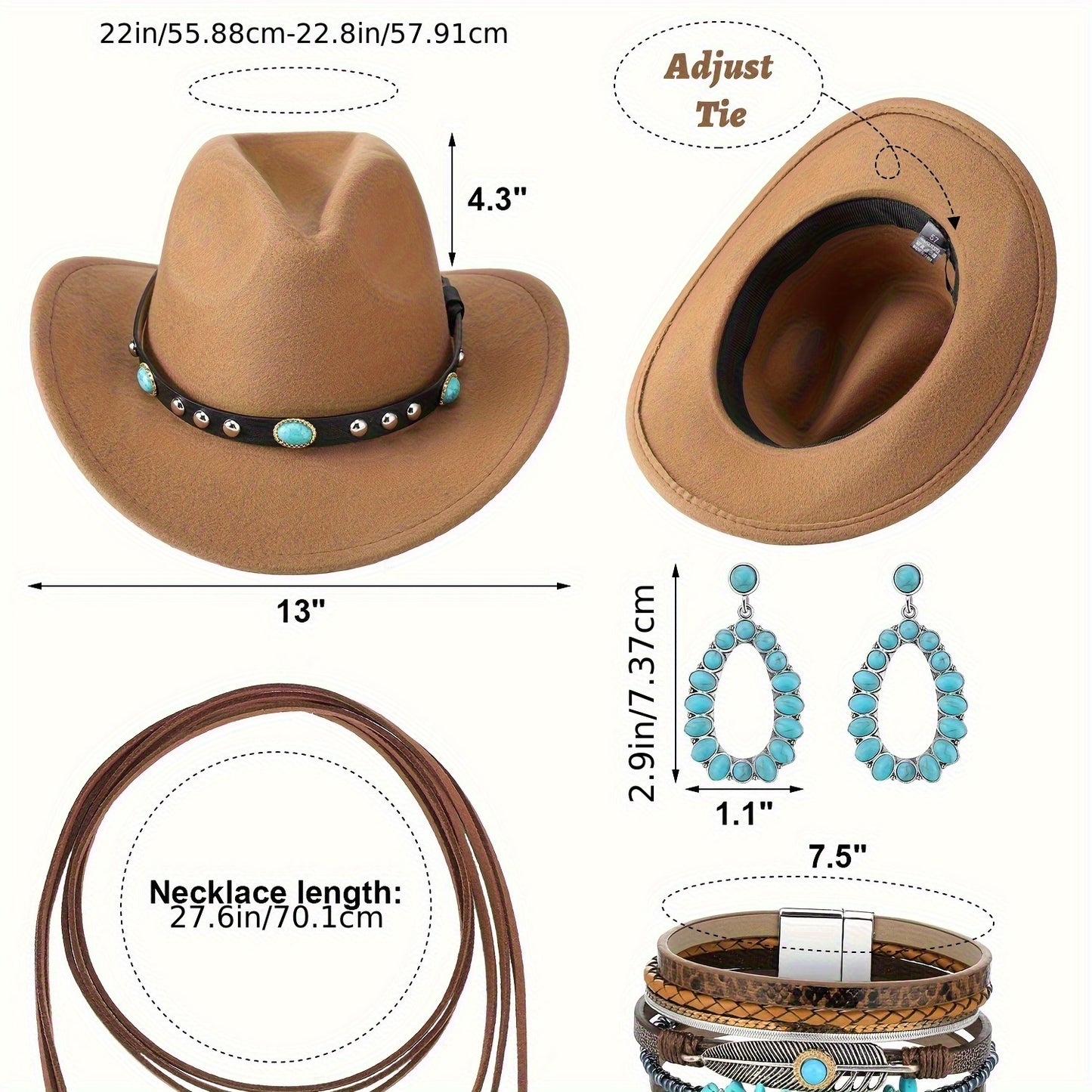 9-Item Collection for Women Featuring a Western-Style Cowboy Vest, Bohemian Cowboy Hat, And Accessories for Halloween Role-Playing (In Khaki Color).