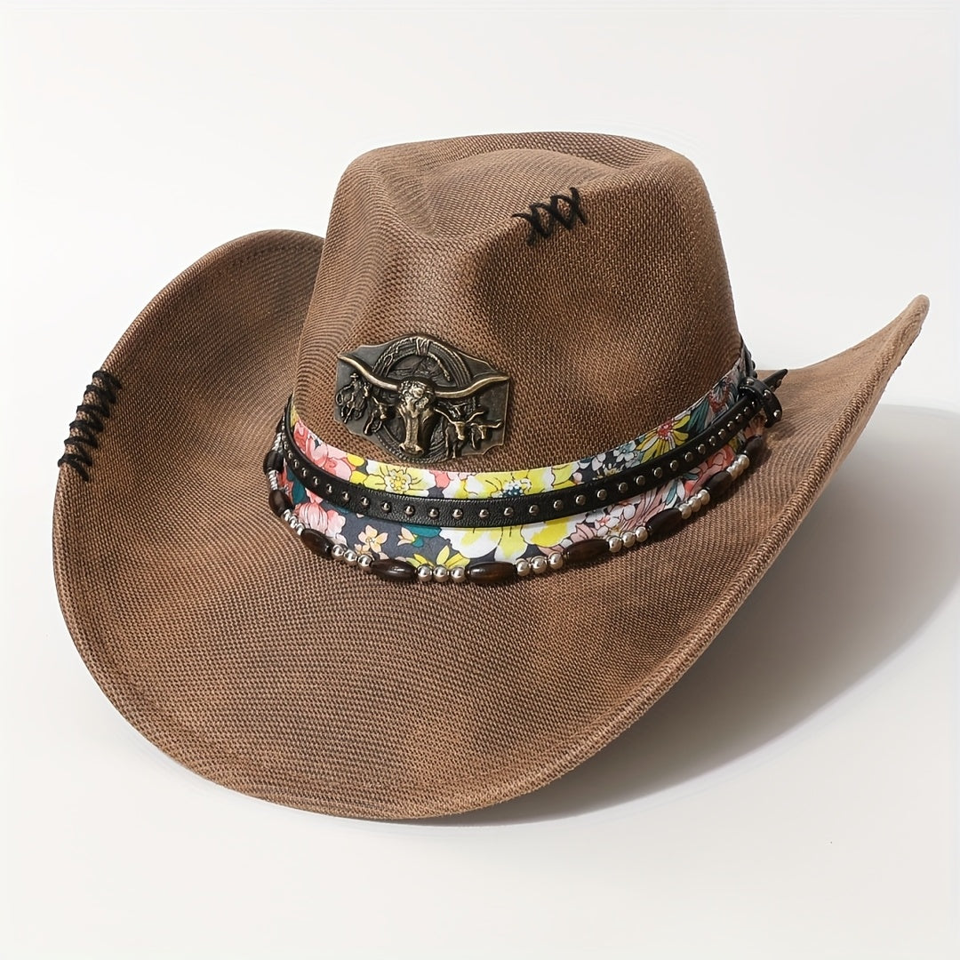 Men'S Western Cowboy Hat - Black Wide Brim with Blue & White Floral Embroidery, Copper Bull Head Metal Belt Buckle, Lightweight Fitted Design for Outdoor, Parties, Performances - All-Season Versatile Cowboy Hat, Cowboy Hat