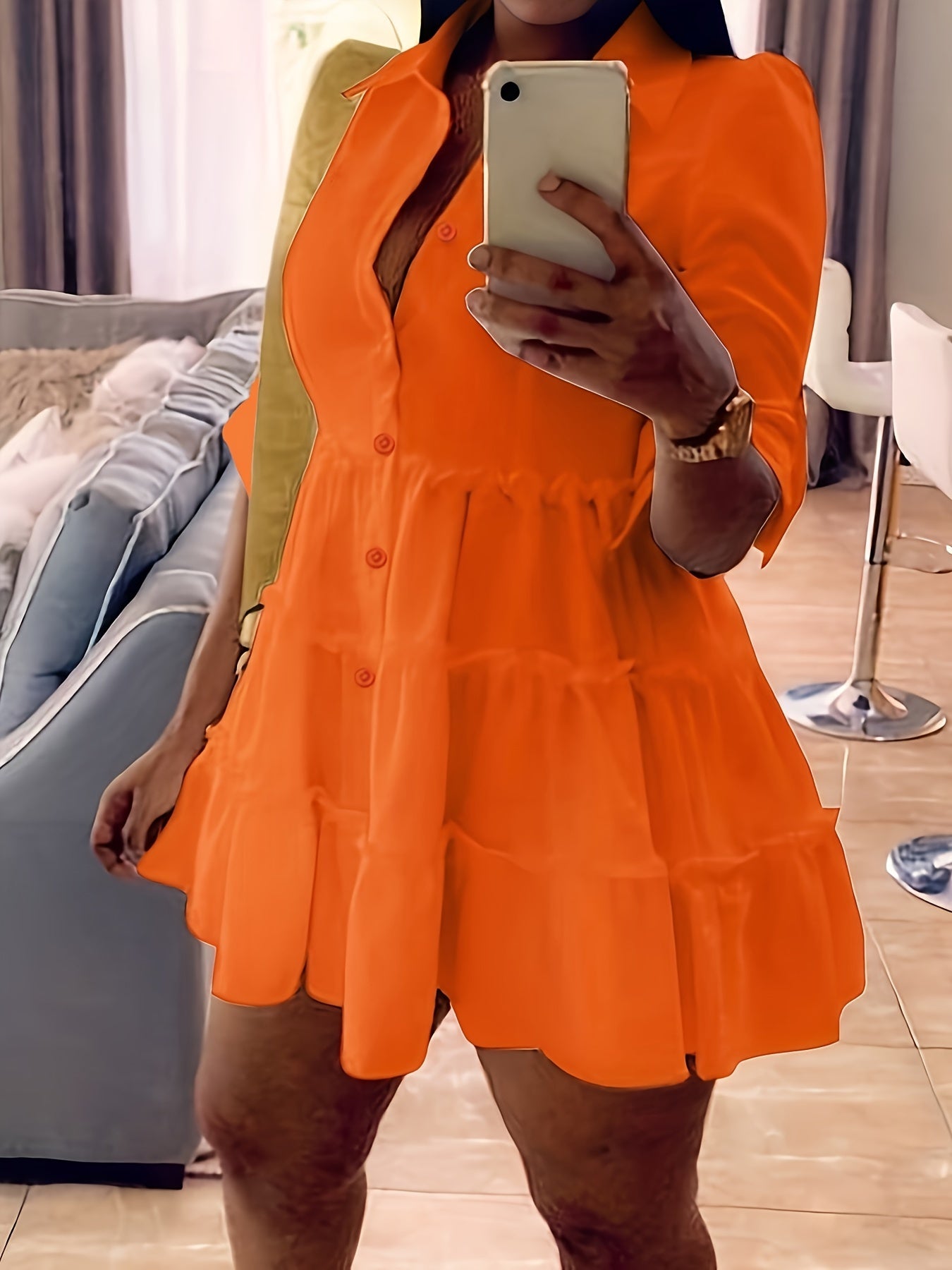 Single Elegant Half Sleeve Ruffle Trim Solid Color Shirt Dress for Spring & Summer, Women's Clothing