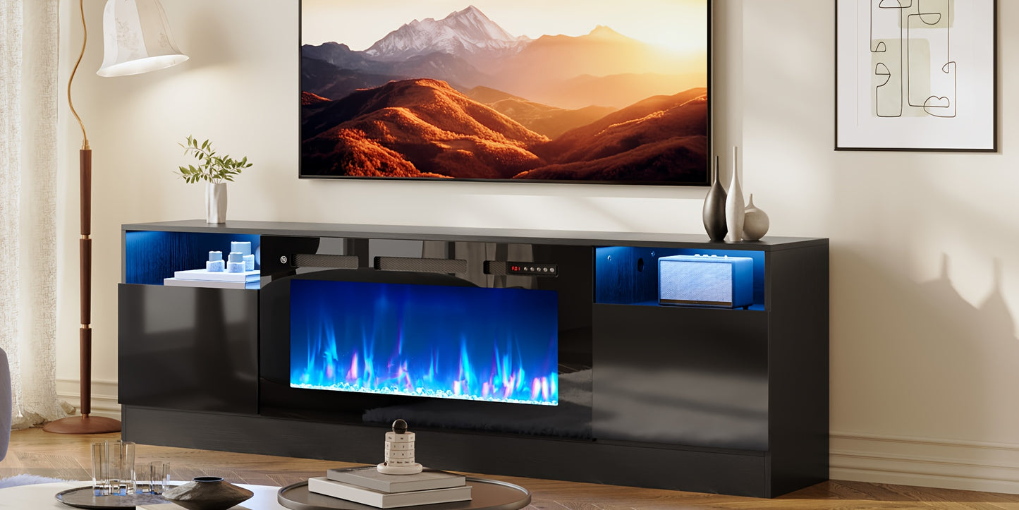 Modern Electric Fireplace TV Stand Entertainment Center with 36.3" Wall-Mounted Fireplace, 12-Color LED Lights, High-Gloss Storage Cabinet & Hardwood Construction - Fits TVs Up to 80", Energy-Efficient, Adjustable Timer