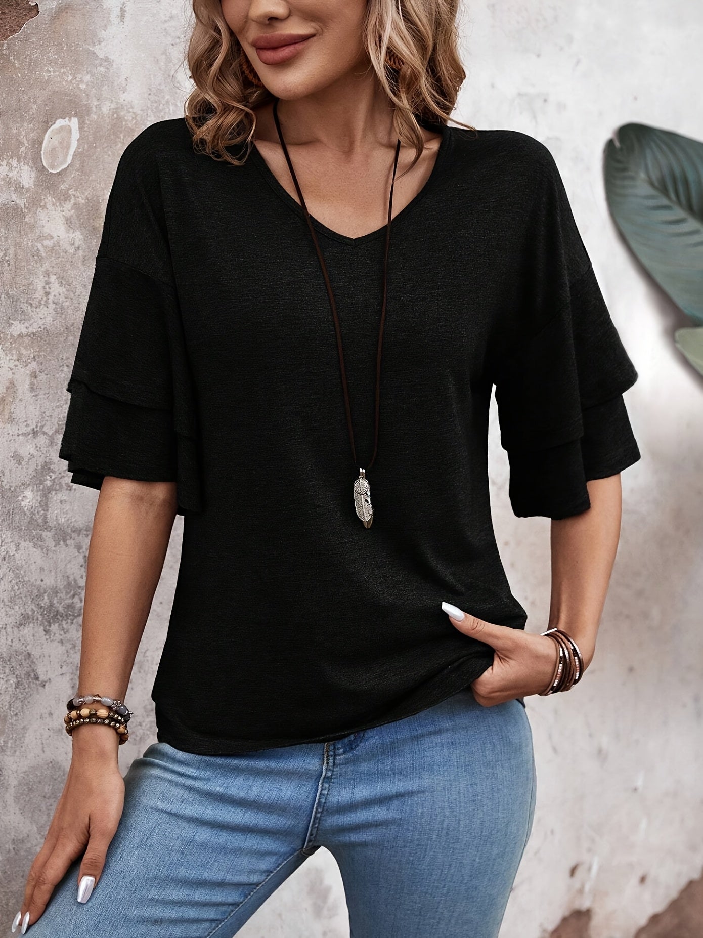 Women'S Stylish Double-Layer Ruffled Short-Sleeve T-Shirt