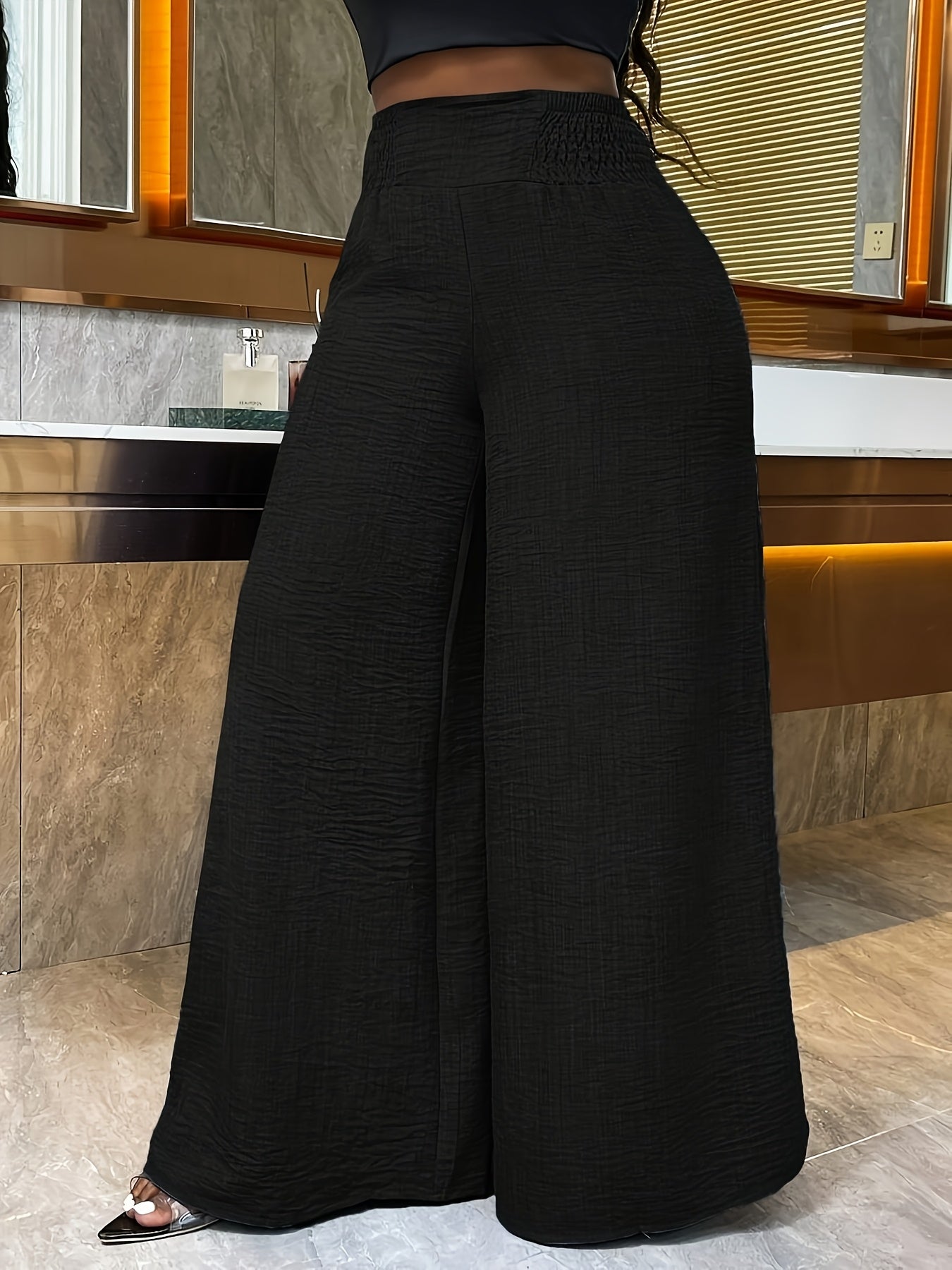 [Polyester Wide Leg Pants] Polyester Women's Wide Leg Pants, Elastic Waist, Loose Fit, Long Length | Solid Color, 100% Polyester, 200g/m², for Spring/Fall, Weekend Casual Wear