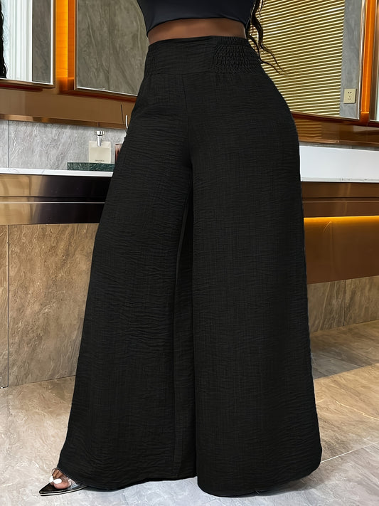 [Polyester Wide Leg Pants] Polyester Women's Wide Leg Pants, Elastic Waist, Loose Fit, Long Length | Solid Color, 100% Polyester, 200g/m², for Spring/Fall, Weekend Casual Wear