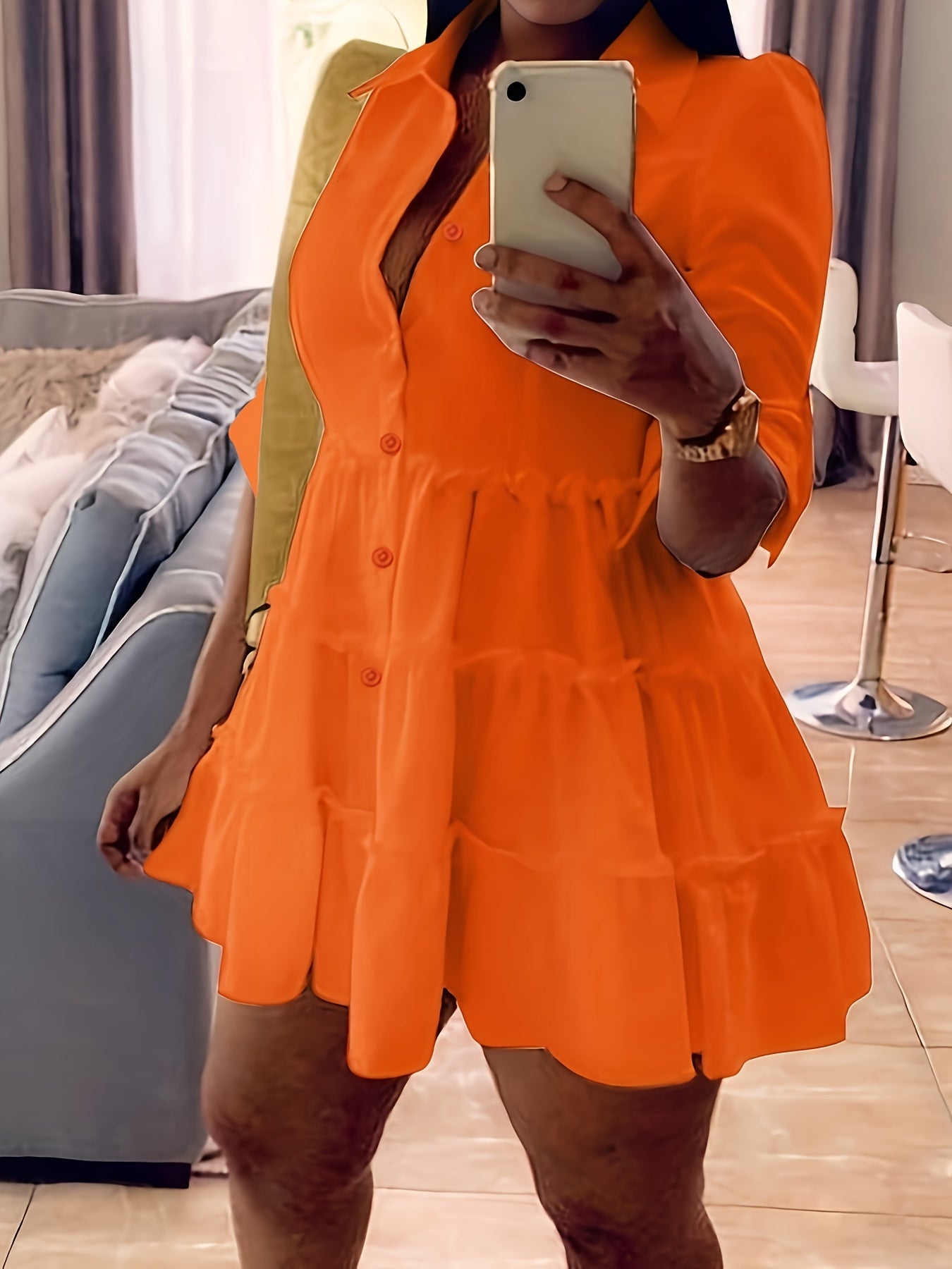 Single Elegant Half Sleeve Ruffle Trim Solid Color Shirt Dress for Spring & Summer, Women's Clothing