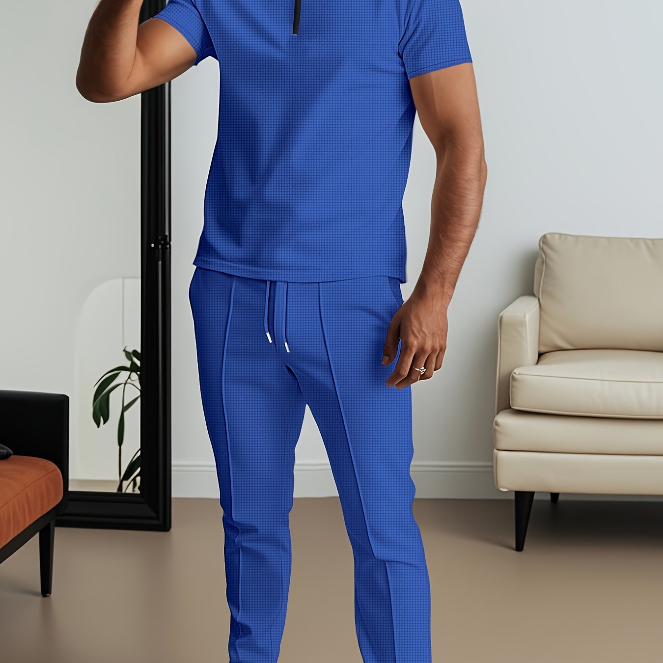 Men's Waffle Texture Lapel Shirt And Pants Set - Polyester Short Sleeved Shirt, Zipper Access, Elastic Drawstring Waist Straight Leg Pants 5 Colors Suitable For Spring, Summer, Autumn, Beach, Outdoor Activities, Daily Wear, S