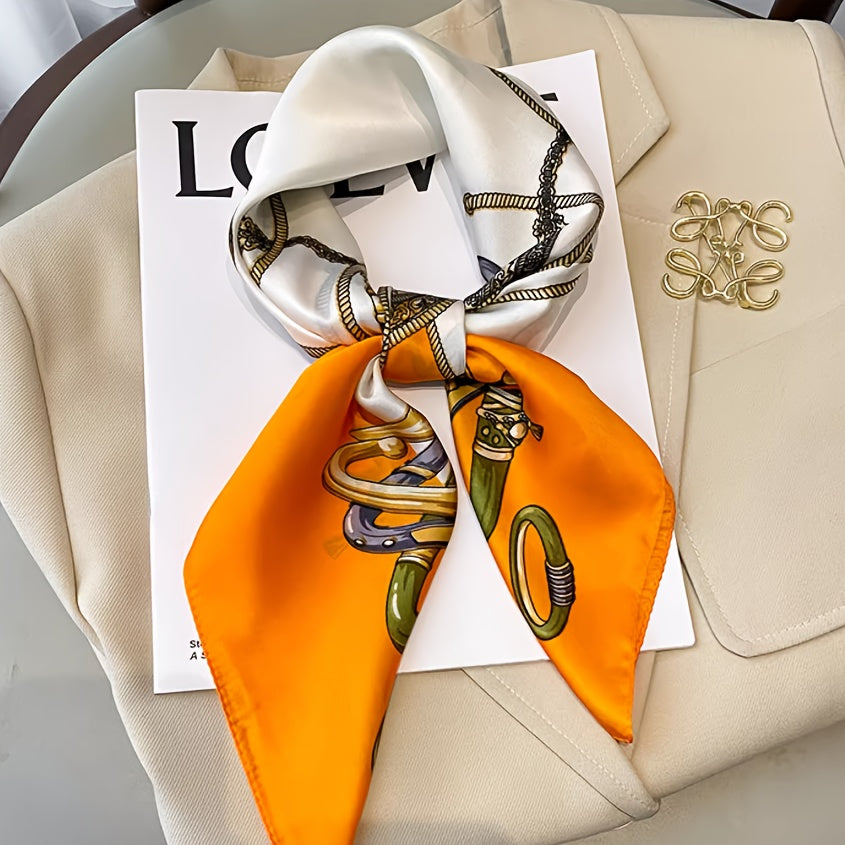 [Sun-Protective Scarf] Women's Elegant Luxury Scarf - 27.5" Large Square Handkerchief with Golden-Tone Metallic Accent, Soft Pastel, & BrownGolden - Breathable, Sun-Protective Fashion Accessory for Casual Outings & Formal Eve