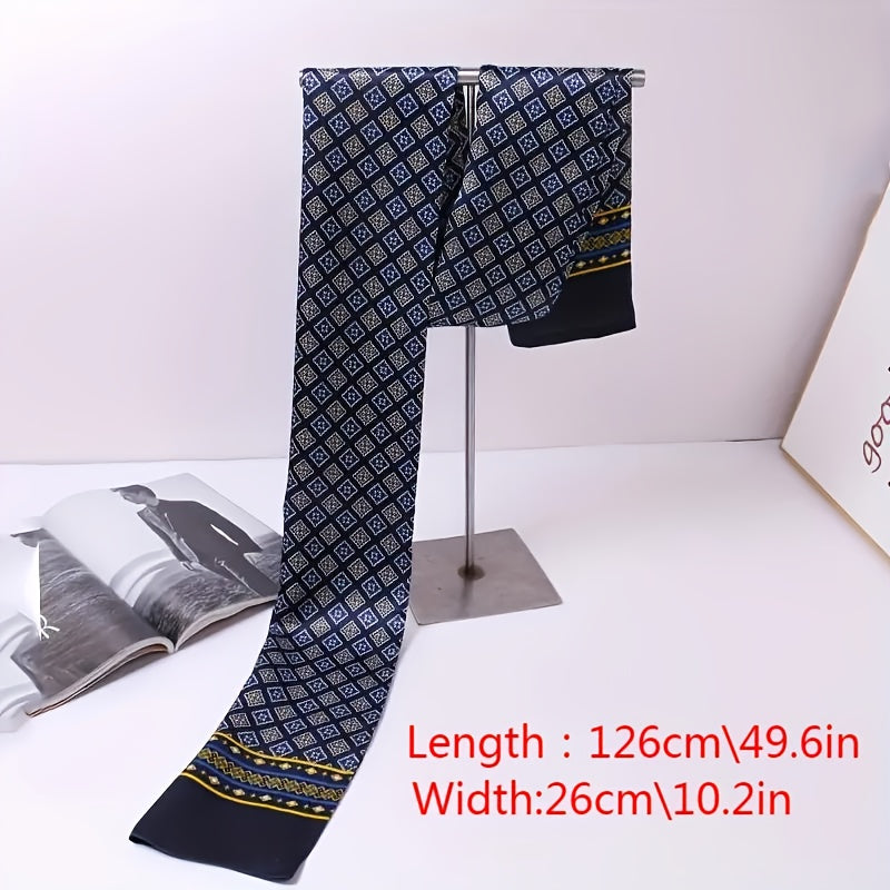 Luxurious Navy Blue Scarf for Men with Golden and Yellow Geometric Patterns - Elegant Business Style, Perfect for Casual Attire and Suit Matching