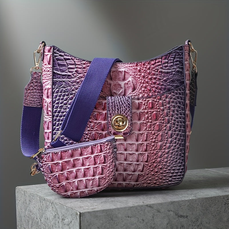 Elegant women's cross-body bag, fashionable color crocodile pattern cross-body bag, wide shoulder strap removable two-piece women's bag, safety zipper bag with coin purse