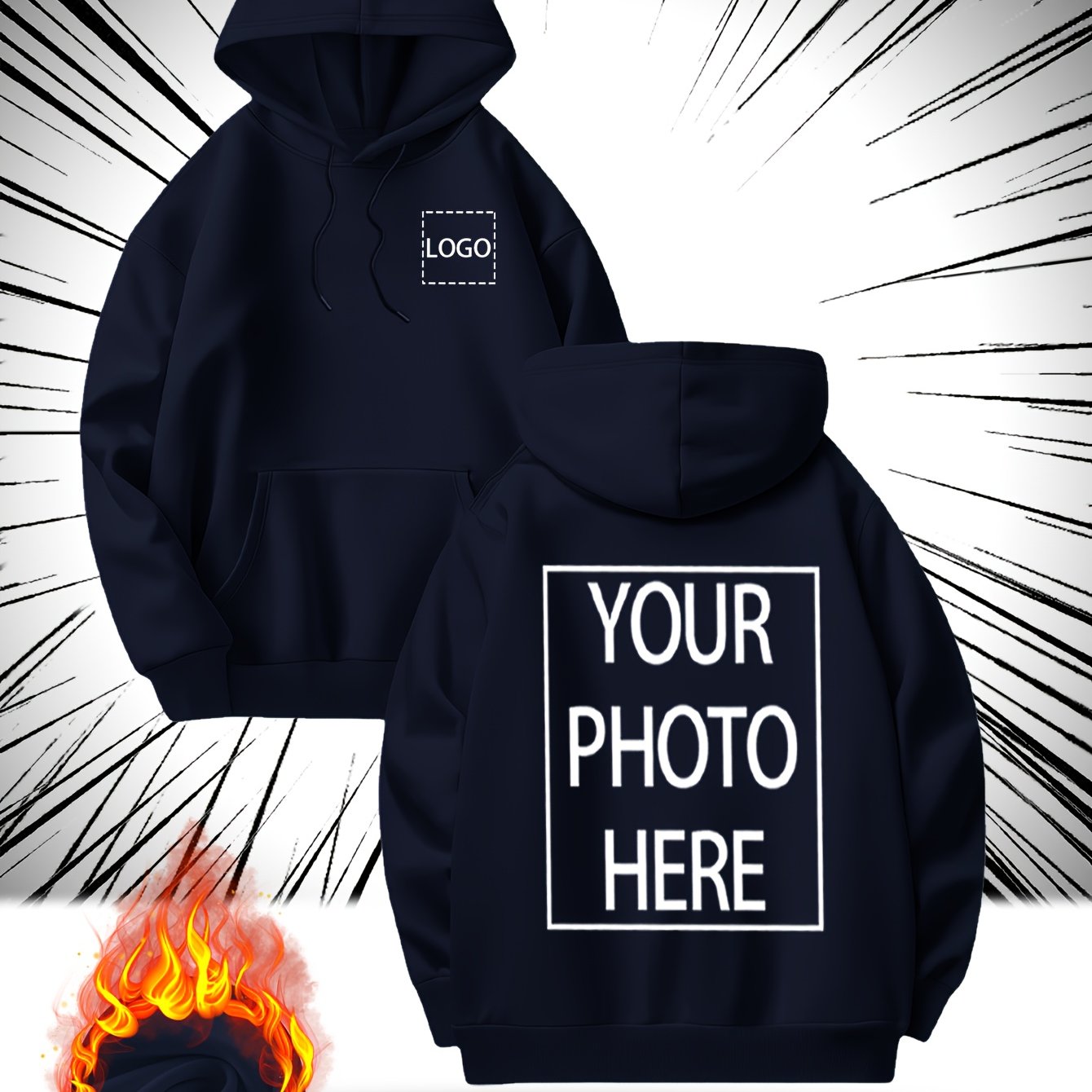 Customizable Men's Hoodie - Personalized Photo/Text Front & Back, Navy Blue with White Lettering, All-Season Comfort Fit, Casual Sporty Design for Halloween Christmas Gifts, Personalized Gift, Durable Casualwear