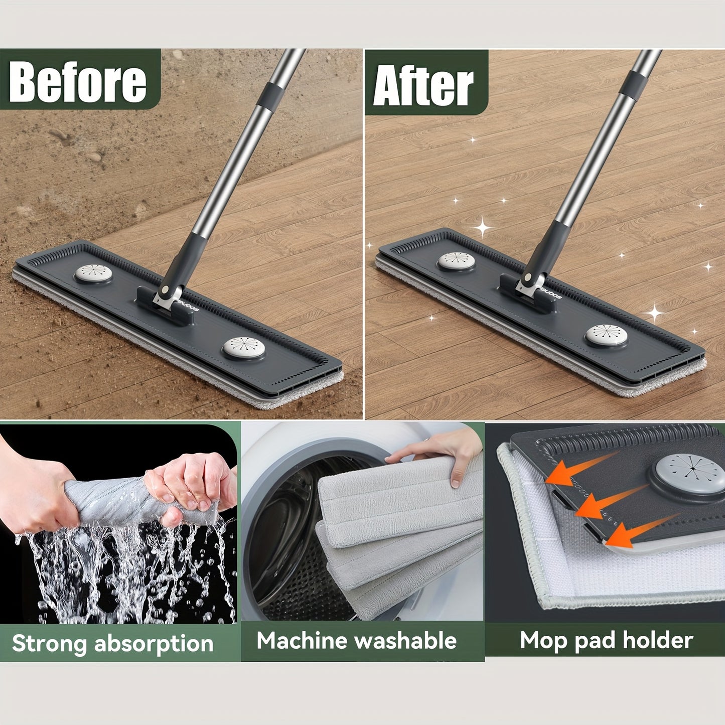 Mop And Mop Bucket Combo Set, Hand-free Flat Mopping Mop And Bucket, Washable Reusable Microfiber Cloth, Wet And Dry, Can Mop Tile Wood Floor Marble, Suitable For Living Room, Bedroom, Kitchen, Bathroom Use