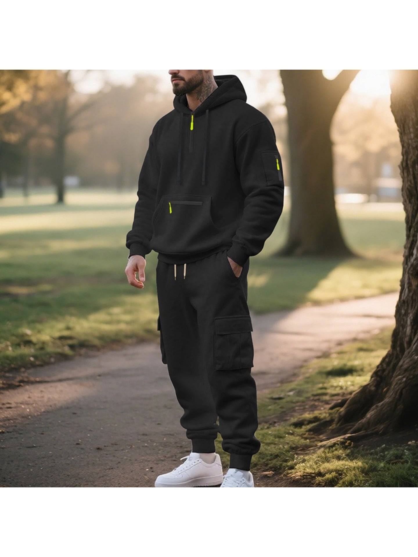 1 Set 2pcs Men's Athletic Casual Tracksuit - Fleece Lined Hooded Long Sleeve Pullover Sweatshirt & Pocketed Sports Pants, Warm Fleece Lining with Breathable Fabric, Perfect for Daily Wear, Outdoor Activities, Home Leisure - M