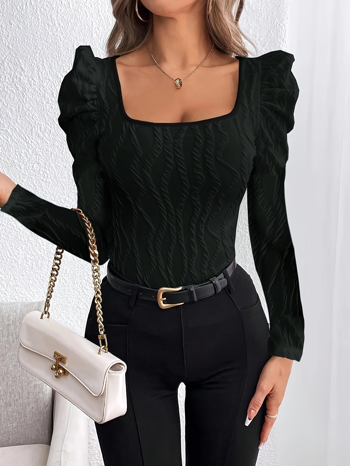 [Targeted Style]New Autumn and Winter Knitted Square Collar Textured Fabric Bubble Sleeve Ladies Elegant Long Sleeve Top