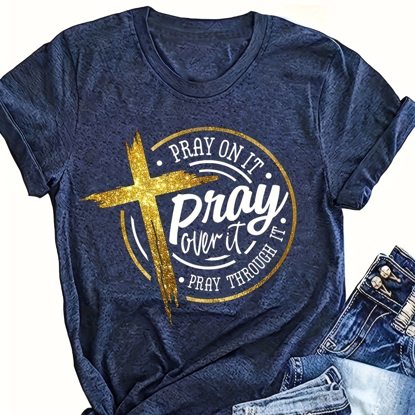 Cross & Pray Print Crew Neck T-shirt, Casual Short Sleeve Top For Spring & Summer, Women's Clothing